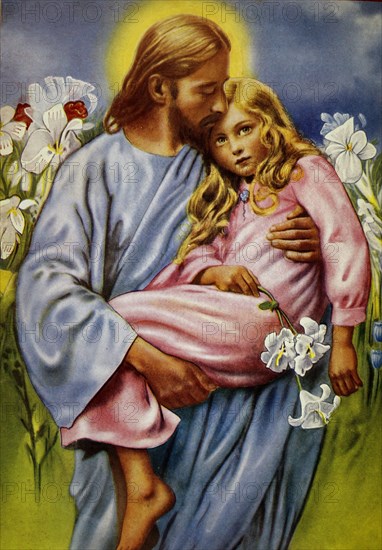 Painting depicting Jesus Christ holding a young girl in his arms