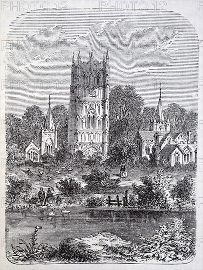 Engraving depicting Evesham Abbey, founded by Saint Egwin at Evesham in Worcestershire