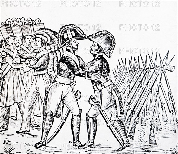 Engraving depicting the embrace of Baldomero Espartero, Prince of Vergara