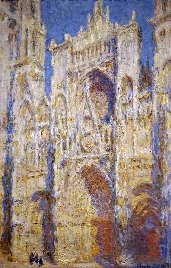 Painting titled 'Rouen Cathedral, West Facade, Sunlight' by Claude Monet