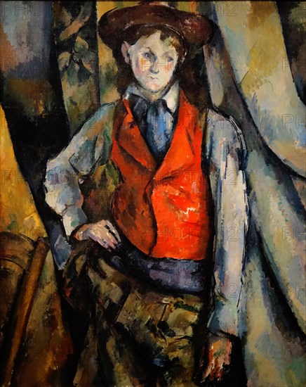 Painting titled 'Boy in a Red Waistcoat' by Paul Cézanne