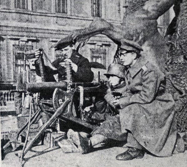 Soldiers sitting below the fountain of Neptune in Berlin