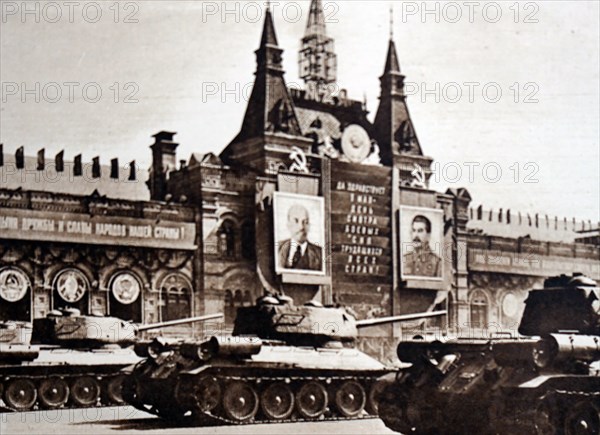 Photograph taken during Moscow's May Day Parade showing heavy tanks, representing their armed might