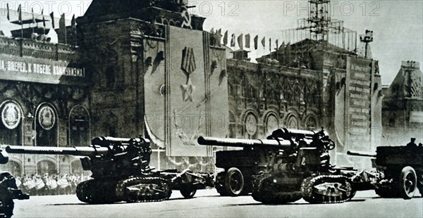 Photograph taken during Moscow's May Day Parade showing heavy tanks, representing their armed might