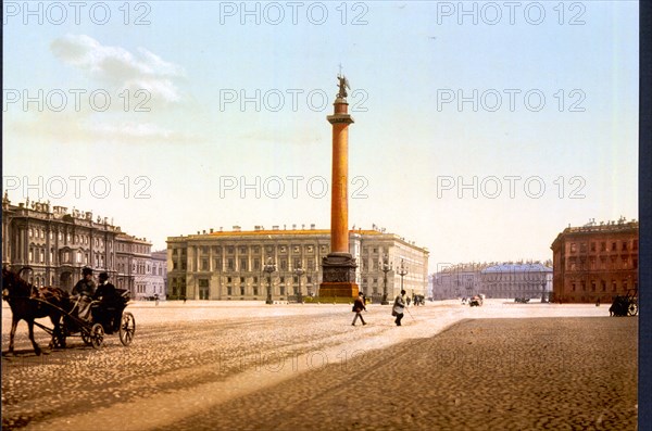 Colour photograph of the Winter Palace Place and Alexander's Column, St Petersburg, Russia 1905