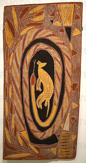 Bark painting depicting a serpent surrounding a kangaroo