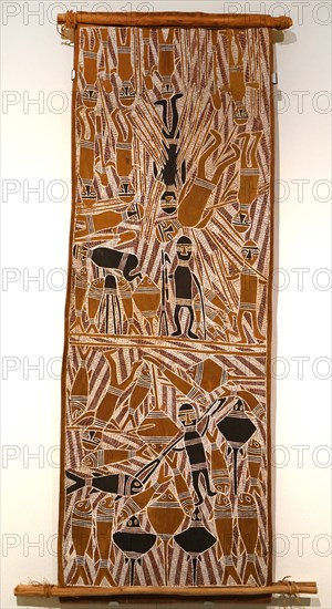Bark painting depicting the story of the hunters of the Wulu-Wulk and the Munapa