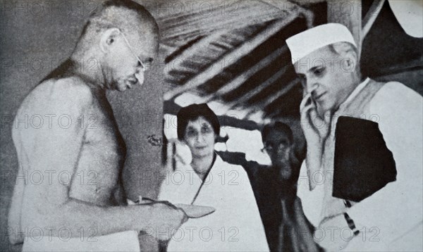 Mahatma Gandhi and Jawaharlal Nehru, at Sevagram a village in the state of Maharashtra, India