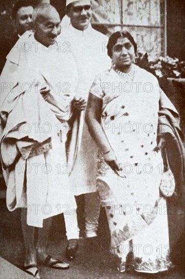 Mahatma Gandhi With Mahadev Desai and Sarojini Naidu on their way to Buckingham Palace, London, to meet the King, 1931