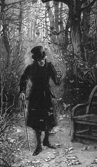 Victorian Illustration of an old man walking in a park at autumn while talking to himself 1892