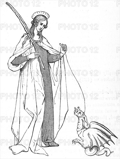 Margaret, known as Margaret of Antioch in the West, and as Saint Marina the Great Martyr, depicting her with a demon