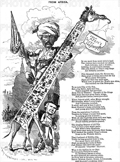 Punch cartoon of 1878 commemorating the journalist and Africa explorer Henry Morton Stanley and Cleopatra's Needle in London