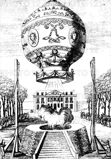 Copperplate engraving of the Hydrogen Balloon designed by the Montgolfier Brothers