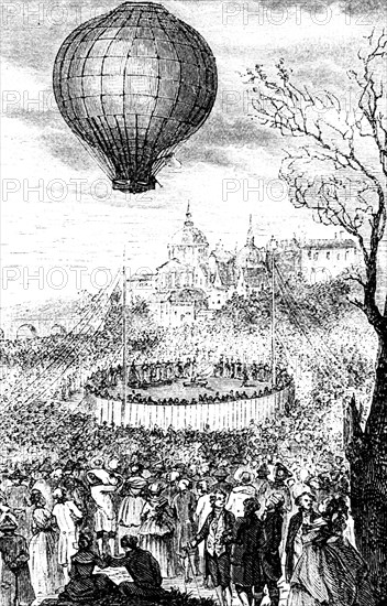 Copperplate engraving of the Hydrogen Balloon designed by the Montgolfier Brothers