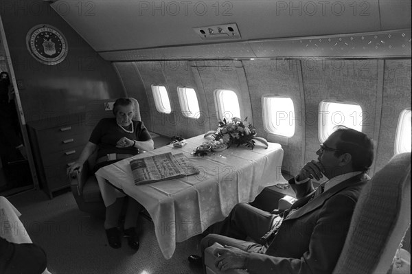 Israeli Prime Minister Golda Meir, with her ambassador to the USA, Simcha Dinitz, flying on board a US Government plane, to meet president Nixon 1972
