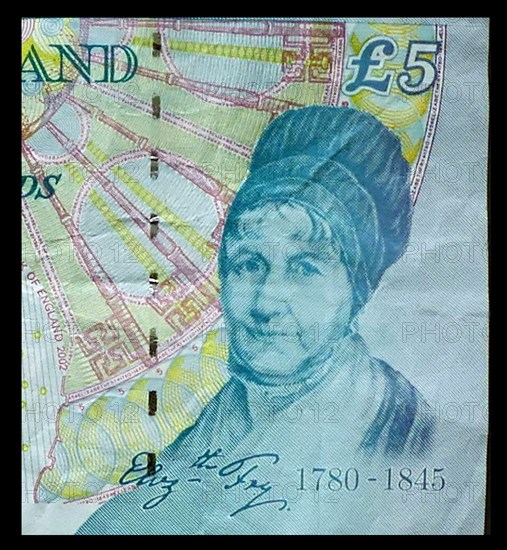 Elizabeth Fry depicted on a paper £5 banknote