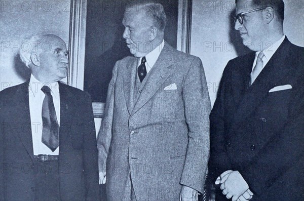 Israel's Prime Minister David Ben-Gurion, visits with US Secretary of Defense George C