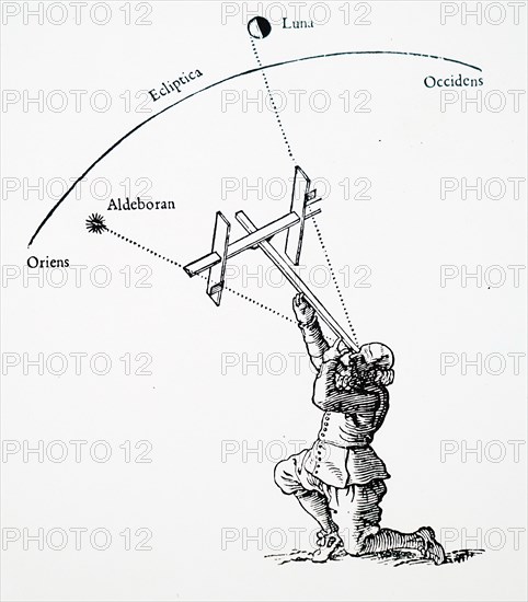 Engraving depicting the use of a cross-staff used to measure altitudes of celestial objects