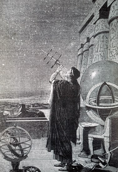 Engraving depicting the use of a cross-staff used to measure altitudes of celestial objects