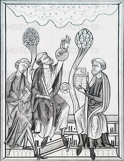 Engraving depicting an astronomy lesson using an astrolabe