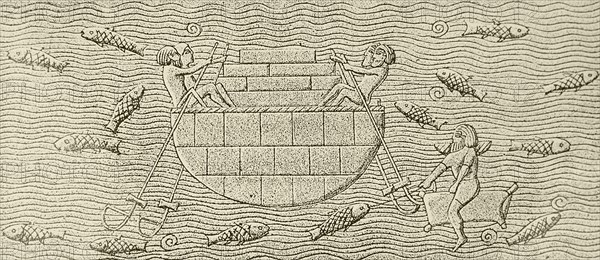 An Assyrian bas relief which shows the transportation of stones across a river in a kuphar