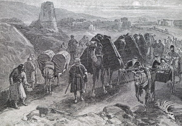 A caravan of desert travellers leaving Lasjerd