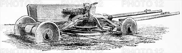 Engraving depicting a self-moving anchor for use in mechanical ploughing with steam engine at one side of field and anchor at the other