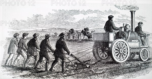 Engraving depicting Giles' steam bull, a steam locomotive, being used to pull five single furrow ploughs