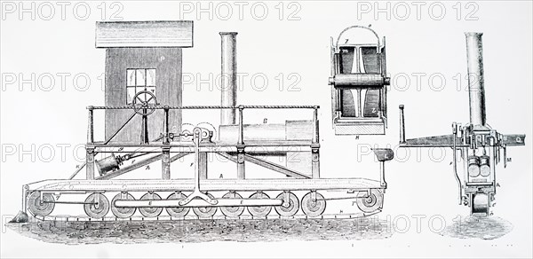 Engraving depicting a steam driven cultivating machine on rubber caterpillar tracks