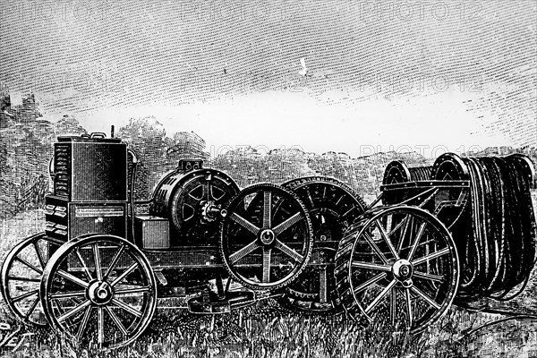 A portable electric winch by Siemens-Schuckert, for use in mechanical ploughing by a plough pulled along a rope