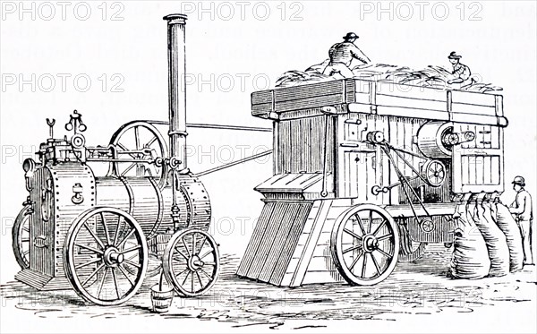 Engraving depicting a threshing and winnowing machine by Barrows and Stewart from Banbury