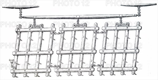 A common type of rhomboidal harrow which would be used to implement the breaking up and smoothing out the surface of the soil