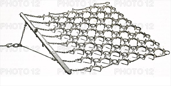 A chain harrow which would be used to implement the breaking up and smoothing out the surface of the soil