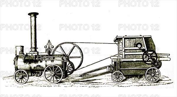 Engraving depicting Garret & Son's portable steam engine driving a threshing machine