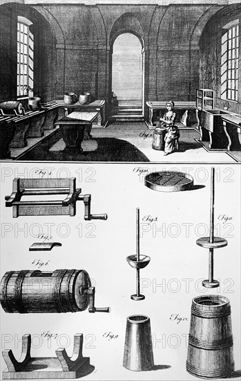 A dairy and dairymaid using a piston churn