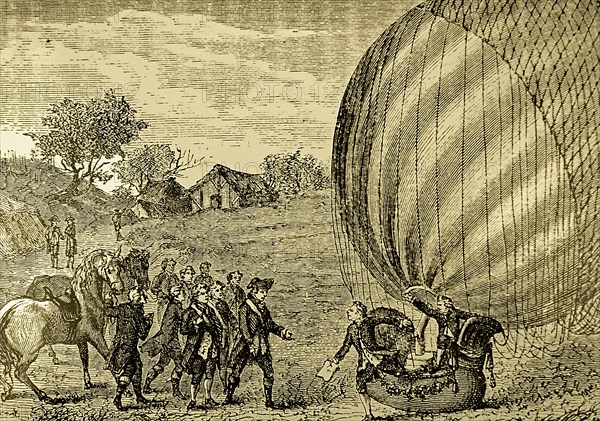 Crowds gathered, in the Champs de Mars, to watch the landing of the first successful hydrogen filled balloon