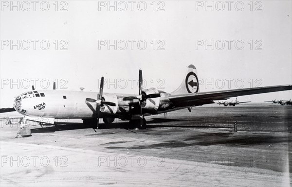 Photograph of the Enola Gay plane, a Boeing B-29 Superfortress bomber, which was used to drop the first atomic bomb on Japan