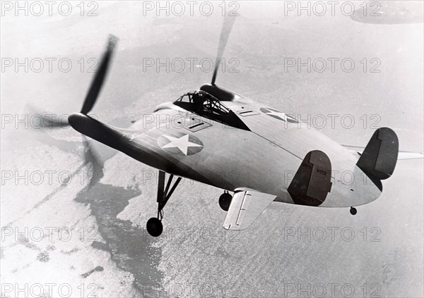 Photograph of a Vought V-173, also known as, a Flying Pancake, an American experimental test aircraft built during the Second World War