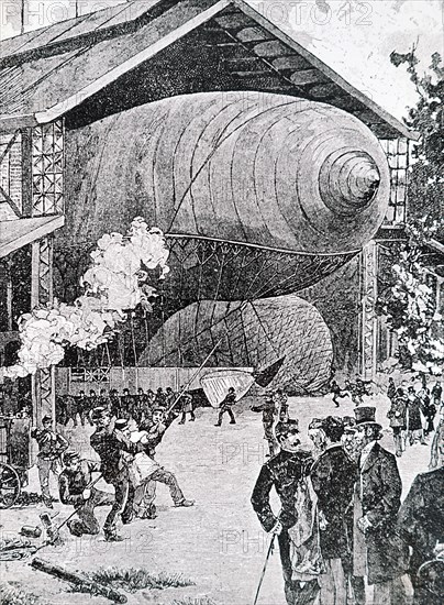 The airship 'La France' in its hanger
