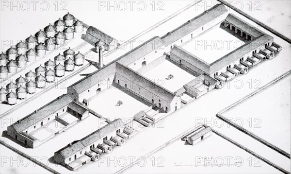 Isometric view of a steading, showing the rick yard, piggeries, cattle yards, etc