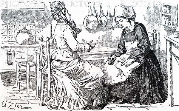 A cook and a maid in a kitchen in France