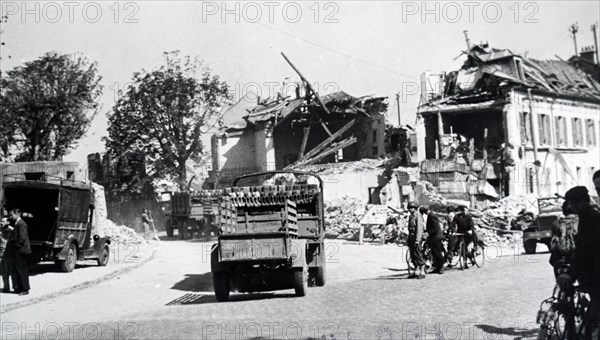 Photograph showing the destruction École spéciale militaire de Saint-Cyr during the liberation of France from German occupation in the summer of 1944