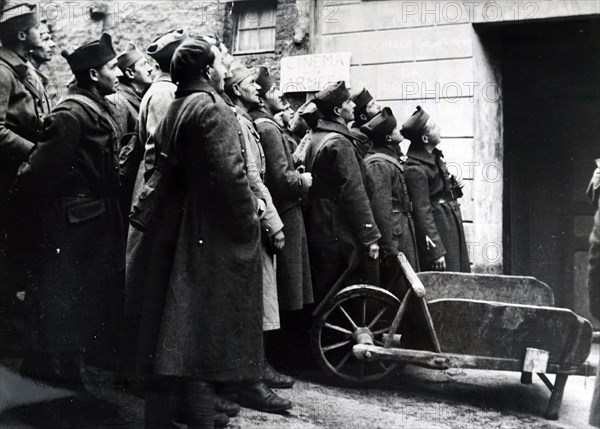 Photograph of a makeshift cinema for French army, during the liberation of France from German occupation in the summer of 1944