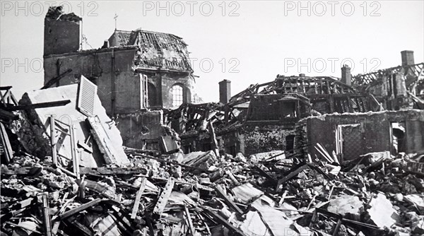 Photograph showing the destruction at the town of Saint-Cyr, in Western France, during the liberation of France from German occupation in the summer of 1944