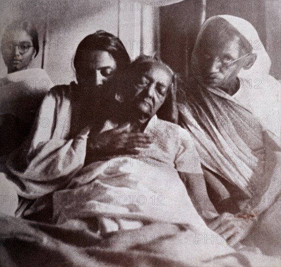 Kasturba Gandhi wife of Mahatma Gandhi on her deathbed at the Palace of the Aga Khan, in Pune, Maharashtra State