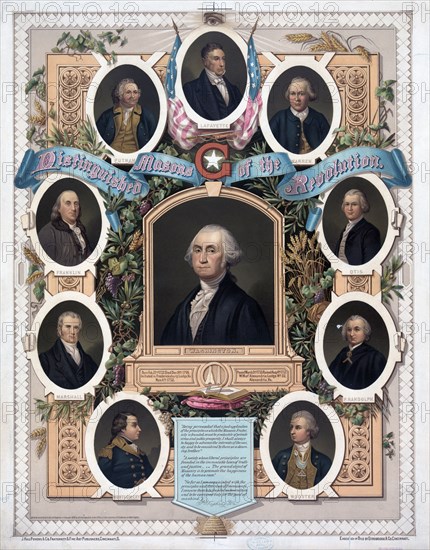 illustration of 1800 titled 'Distinguished masons of the revolution' Includes Lafayette, George Washington and Benjamin Franklin