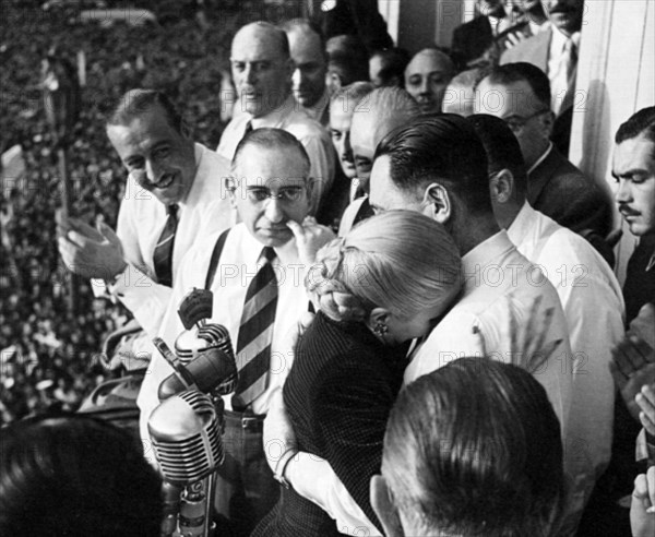 Juan Domingo Peron with his wife Evita Peron, after Evita announced to a crowd that she would not stand for office as Vice president of Argentina in 1951