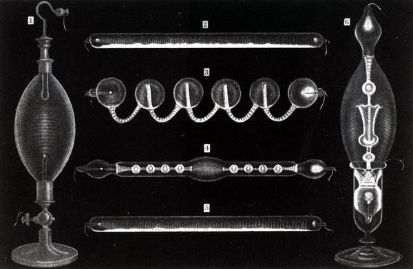 A Geissler tube, an early gas discharge tube used to demonstrate the principles of electrical glow discharge, similar to modern neon lighting