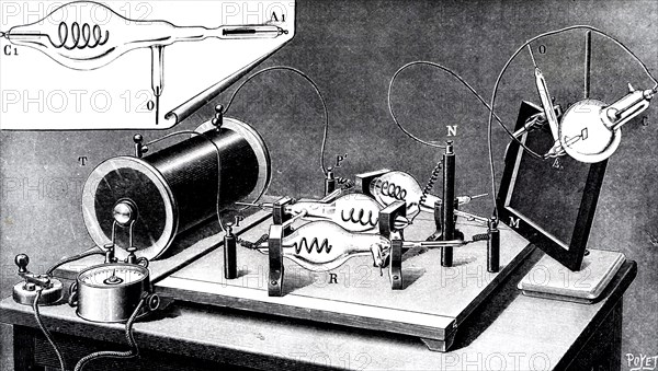 High voltage x-ray equipment, x-ray tube on right, Ruhmkorff high voltage coil on left