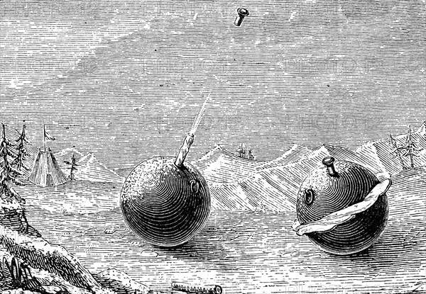 The two different effects of freezing water in an iron sphere - left, ejection of stopper by column of ice; right, splitting of the sphere